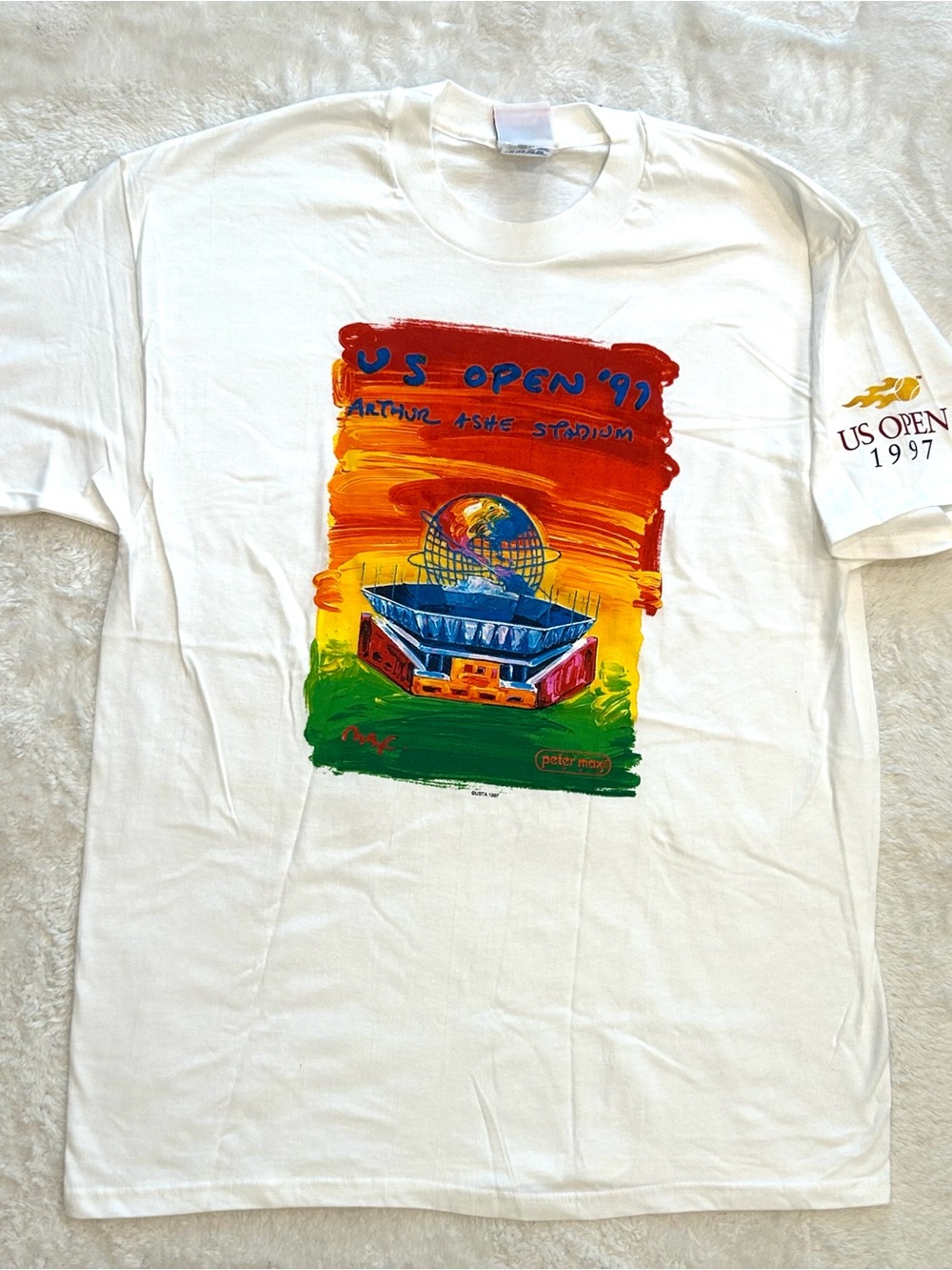 VTG 90s 1997 USTA Tennis Open Arthur Ashe Stadium White Graphic T-Shirt XL NWOT
